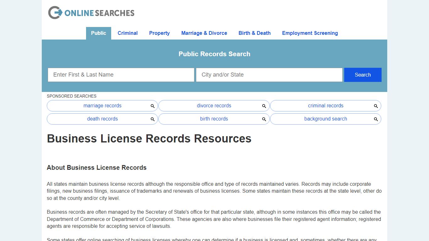 Business License Records Search Directory - OnlineSearches.com
